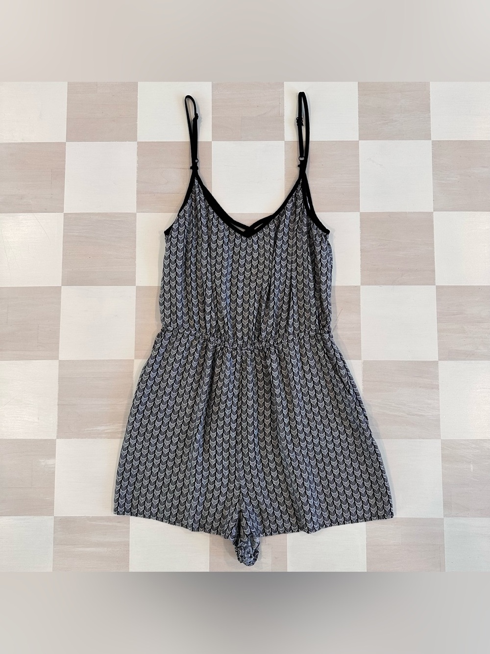 h&m black white patterned open back spaghetti strap romper playsuit